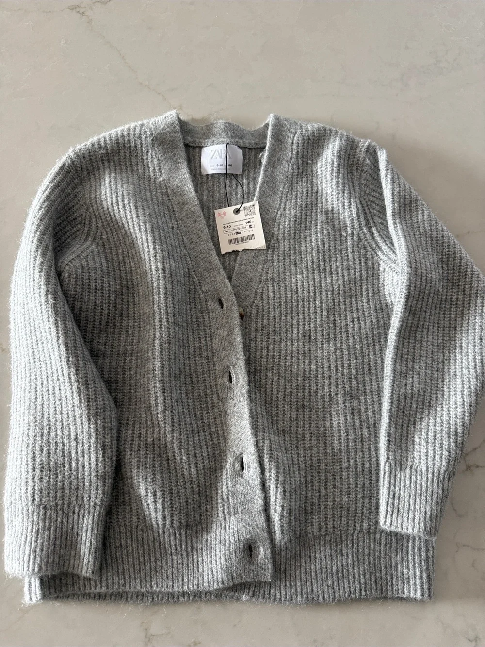 ZARA Gray Ribbed V-Neck Button-Up Cardigan